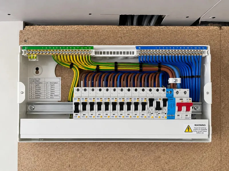 New consumer unit fitted with neatly dressed cables and a row of circuit breakers