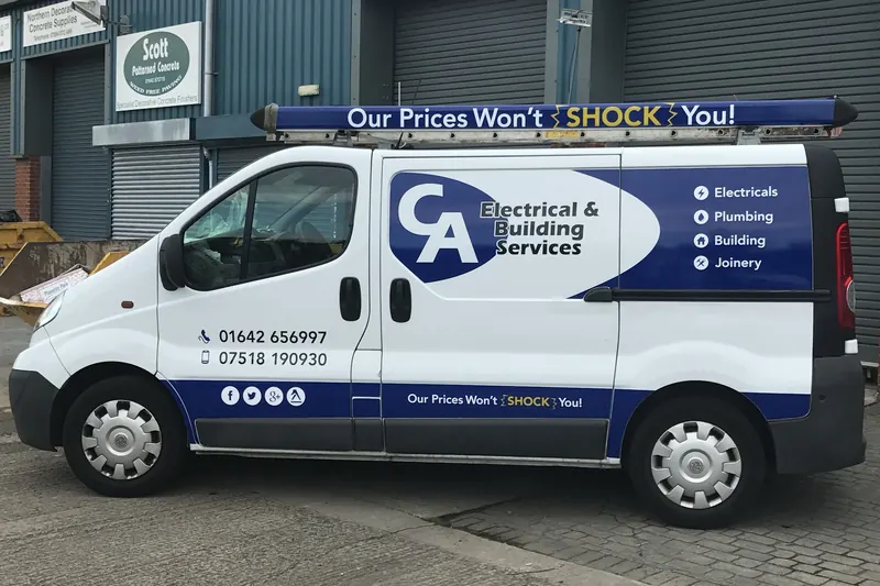 The CA Electrical & Building Services van, with its roof bar sign reading Our Prices Won’t Shock You